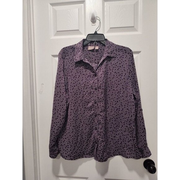 Chicos Size 3 XL/16 Purple White Ditsy Geo Roll Tab LS Buttonup Top Classic EUC - Picture 1 of 11